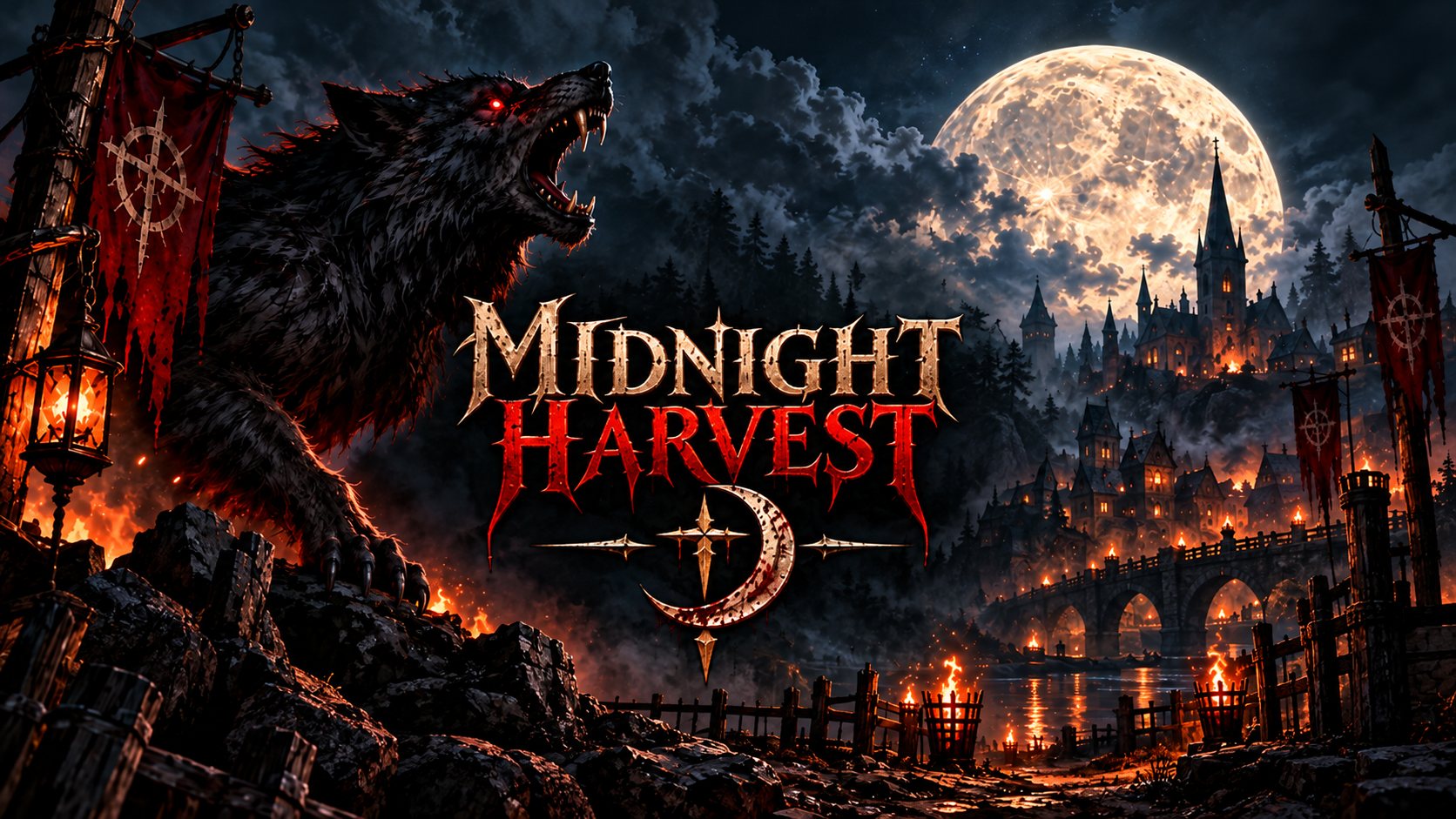 Midnight Harvest key art: a snarling black werewolf beneath a full moon over a burning gothic town